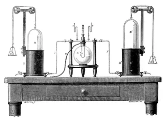 Aparat Antoine Lavoisier do syntezy wody z wodoru po lewej i tlenu po prawej, 1881 r