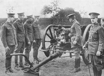 Rekruci artylerii z wyjaśnieniem mechanizmu 18-funtówki, 1915