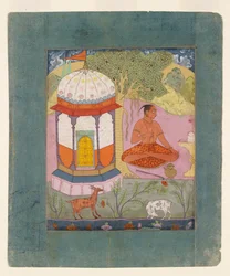 Ascetyczny w pejzażu, ilustrujący tryb muzyczny Bangali Ragini, c1675