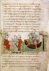 Askold i Dir poproszeni przez Rurika o pozwolenie na wyjazd do Konstantynopola z Kroniki Radziwiłłów, XV w.