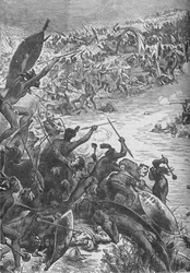 Atak Zulusów na eskortę osiemdziesiątego pułku nad rzeką Intombe, 1879, c1880