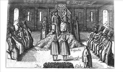 Audiencja z Iwanem V, Piotrem I i Zofią Aleksiejewną z Georg Adam Schleissing Derer beyden Czaaren w Reussland..., 1693