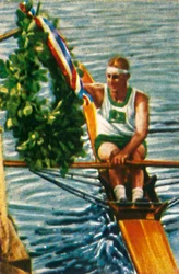 Australijski wioślarz Bobby Pearce wygrywa pojedynczą dwójkę, 1928.