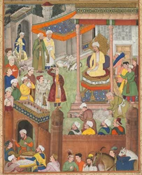 Babur odbiera łupy, a Humajun salutuje po zwycięstwie nad sułtanem Ibrahimem..., ok. 1930. 1596-1597 lub