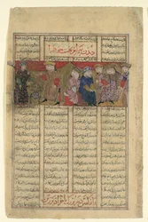 Bahram Chubina spotyka damę, która przepowiada swój los, Folio z szahnamy..., ca. 1330-40.