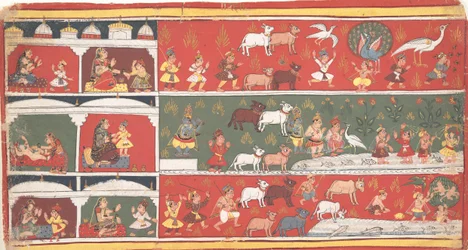 Bakasura, Demon Żurawia, przybywa do Brindavan... Rozproszona Bhagavata Purana..., ca. 1700.