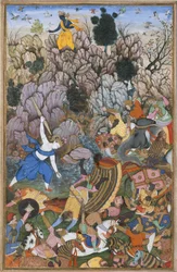 Balarama i Kryszna walczą z wrogiem, Folio z Harivamsy Legenda o..., ca. 1590-95.