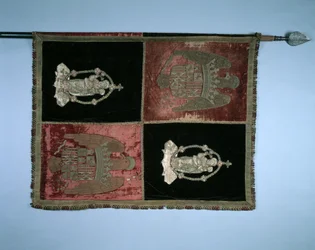 Sztandar z ćwiartowaniem królewskich herbów Hiszpanii i Madonny z Dzieciątkiem, 1500s.