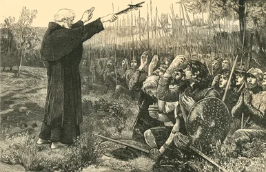 Bannockburn: opat z Incaffray błogosławiący Szkotów przed bitwą, 1314, 1890.