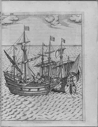Bitwa między statkiem Francisa Drakesa Golden Hind a hiszpańskim statkiem Cacafuego. Od Levinusa Hulsiu