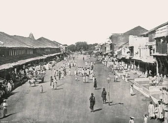 Scena bazarowa, dzielnica rodzinna, Kalkuta, Indie, 1895.