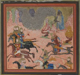 Czarodziej Bazur, Wzbudza ciemność i burzę, Folio od Szahnamy..., ca. 1430-40.
