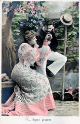 Bądź ostrożny, stara francuska pocztówka, ok. 1900