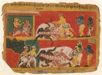 Bhima Slice Jarasandha: Strony z rękopisu Bhagavata Purana, ca. 1540.