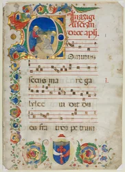 Bifolium wycięte z antyfonarza: Inicjał D[ominus Iesus], c. 1425-1450.