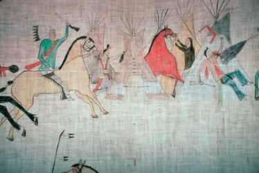 Podszewka tipi Indian Blackfoot ukazująca atak na obóz