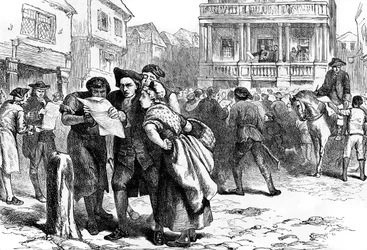 Bostończycy czytający ustawę o znaczkach, 1765 c1880