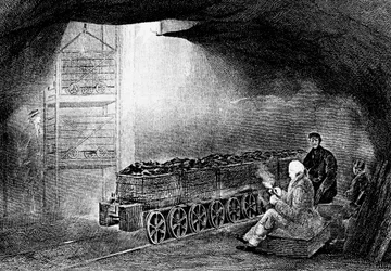 Dno szybu w kopalni węgla kamiennego z taborem załadowanych wagonów, 1860