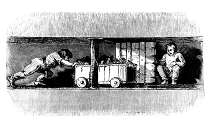 Chłopiec pchający ciężarówkę załadowaną węglem z przodka na dno szybu, c1848