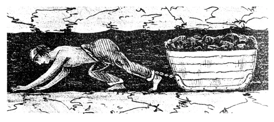Chłopiec miotacz ciągnący sanie z węglem wzdłuż wąskiego pokładu, Południowa Walia, 1848
