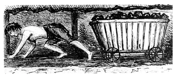 Chłopiec miotacz rysujący ciężarówkę z węglem wzdłuż 24-calowego pokładu, Halifax, Yorkshire, 1848