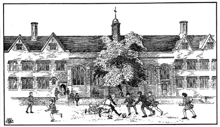 Chłopcy w czasach Tudorów grający w piłkę nożną w Berkhamsted Grammar School w Hertfordshire