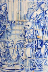 Brazylia, Bahia, Salvador : Azulejo w kościele Bonfim : Jezus myjący honorarium ucznia
