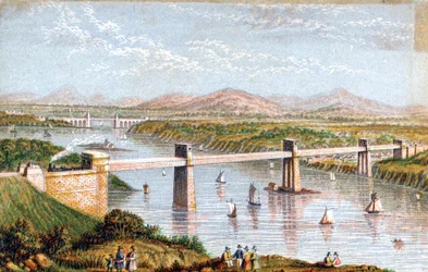 Britannia Tubular Bridge nad Menai Straits, Walia, ok. 1850 r.