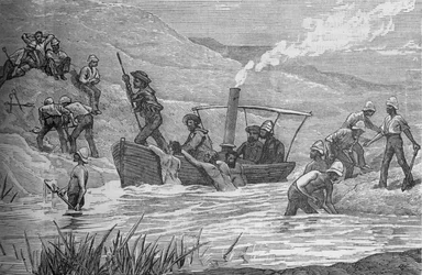 Brytyjscy żołnierze przecinają tamę zbudowaną przez Arabiego w Mahuta, ok. 1882 r.
