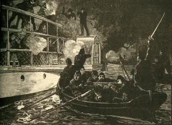 Siły brytyjskie zdobywają kanadyjski statek rebeliantów Caroline na rzece Niagara, 1837–1890.