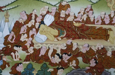 Śmierć Buddy i Parinirwana. Thangka, Bhaktapur, Nepal