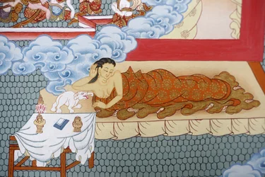 Matka Buddy marzy o białym słoniu. Thangka, Bhaktapur, Nepal