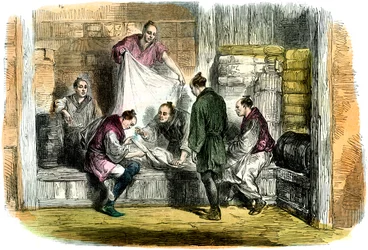 Kupowanie kamletów w sklepie, Yokohama, Japonia, 1865
