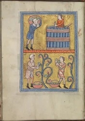 Kalendarz, wrzesień, mężczyźni zbierający i depczący winogrona - Psałterz Eleonory Akwitanii (ok. 1185) - KB 76 F 13, folium 009v