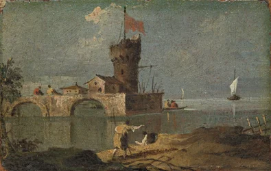 Capriccio z okrągłą wieżą, dwoma domami i mostem, XVIII w.
