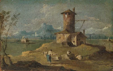 Capriccio z wyspą, wieżą i domami, XVIII w.