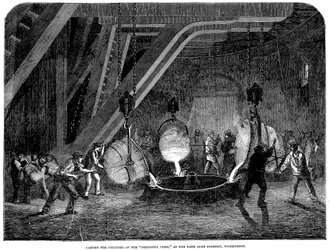 Odlewanie cylindra prasy Britannia w odlewni Bank Quay, Warrington, 1851
