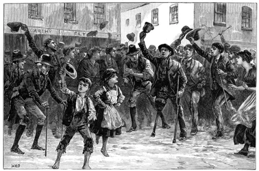Wiwatujący lord Randolph Churchills po usłyszeniu o jego rezygnacji, Loughrea, Irlandia, 1887 r.