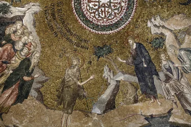 Muzeum kościelne Chora: mozaika młodego Jezusa (po lewej: lekarze świątynni) Istanbul Turquie