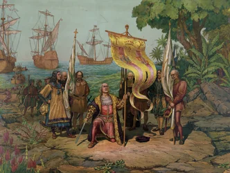 Krzysztof Kolumb (1451 - 1506) ogłaszający „Nowy Świat” dla Hiszpanii (litografia)