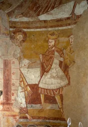 Kościół (Église Saint-Martin). Wnętrze. Absyda. Malowidła ścienne (fresk). Szczegół. Jezus na dworze Heroda. XII wiek.