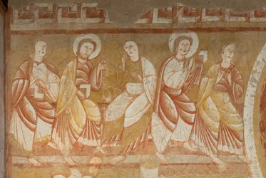 Kościół (Église Saint-Martin). Wnętrze. Malowidła ścienne (fresk). Zachodnia ściana nawy. Szczegół. Apostołowie. XII wiek.