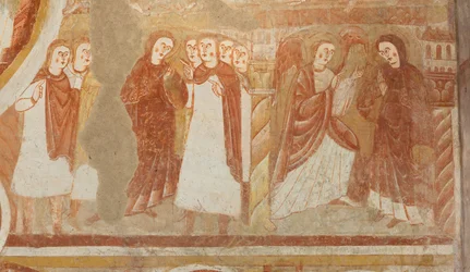 Kościół (Église Saint-Martin). Wnętrze. Malowidła ścienne (fresk). Zachodnia ściana nawy. Szczegół. Oskarżenie i zwiastowanie Dziewicy. XII wiek.