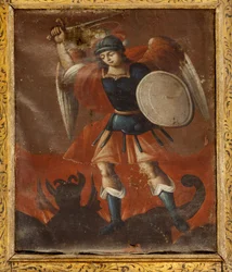 Kolegiata (Kolegiata San Millán de la Cogolla). W środku. Obraz. Święty Michał. Olej na płótnie.