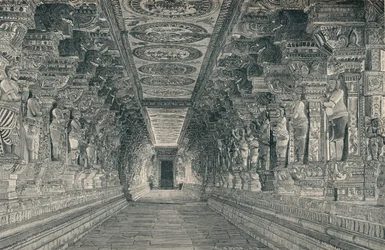 Kolumnada we wnętrzu świątyni hinduskiej na wyspie Rameswaram w południowych Indiach, ok. 1903 r.,