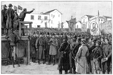 Policja pilnująca reportera rządowego podczas spotkania w sprawie planu kampanii, Irlandia, 1887 r.