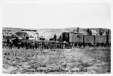 Pociąg budowlany na Union Pacific Railroad, USA, 1868 r