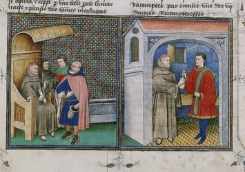 Korupcja. Miniatura z Księgi zwanej Dekameronem Giovanniego Boccaccio, lata 60. XIV wieku.