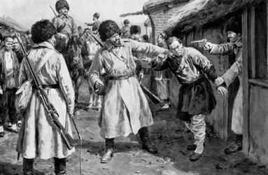 Kozacy poszukujący japońskich szpiegów w mandżurskiej wiosce, wojna rosyjsko-japońska, 1904-5