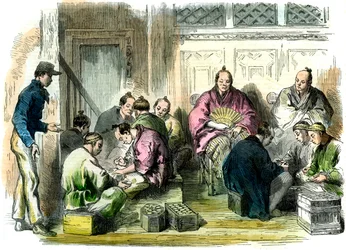 Liczenie pieniędzy odszkodowawczych za zabójstwo pana Richardsona, Japonia, 1863